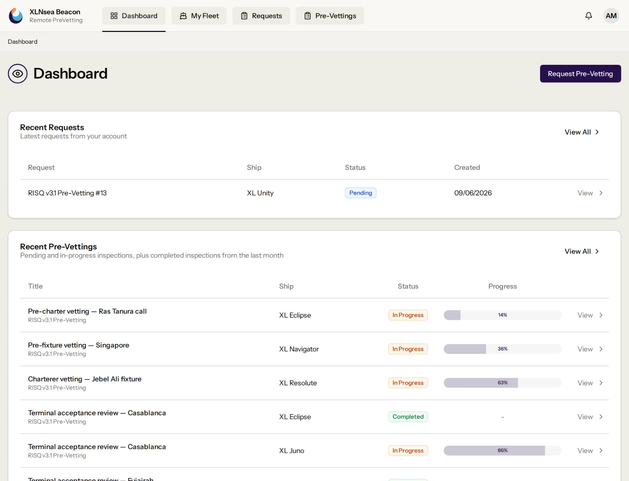 XLNsea dashboard — fleet vessels, average percentile, open PreVettings and deficiencies benchmarked against industry