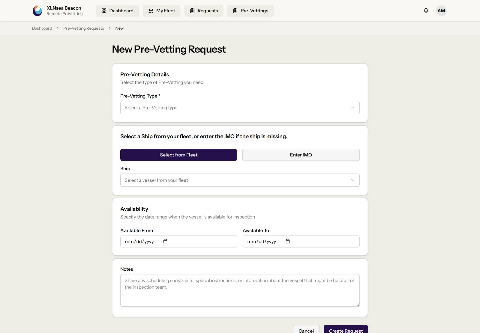 New Pre-Vetting request form with type, vessel and availability fields