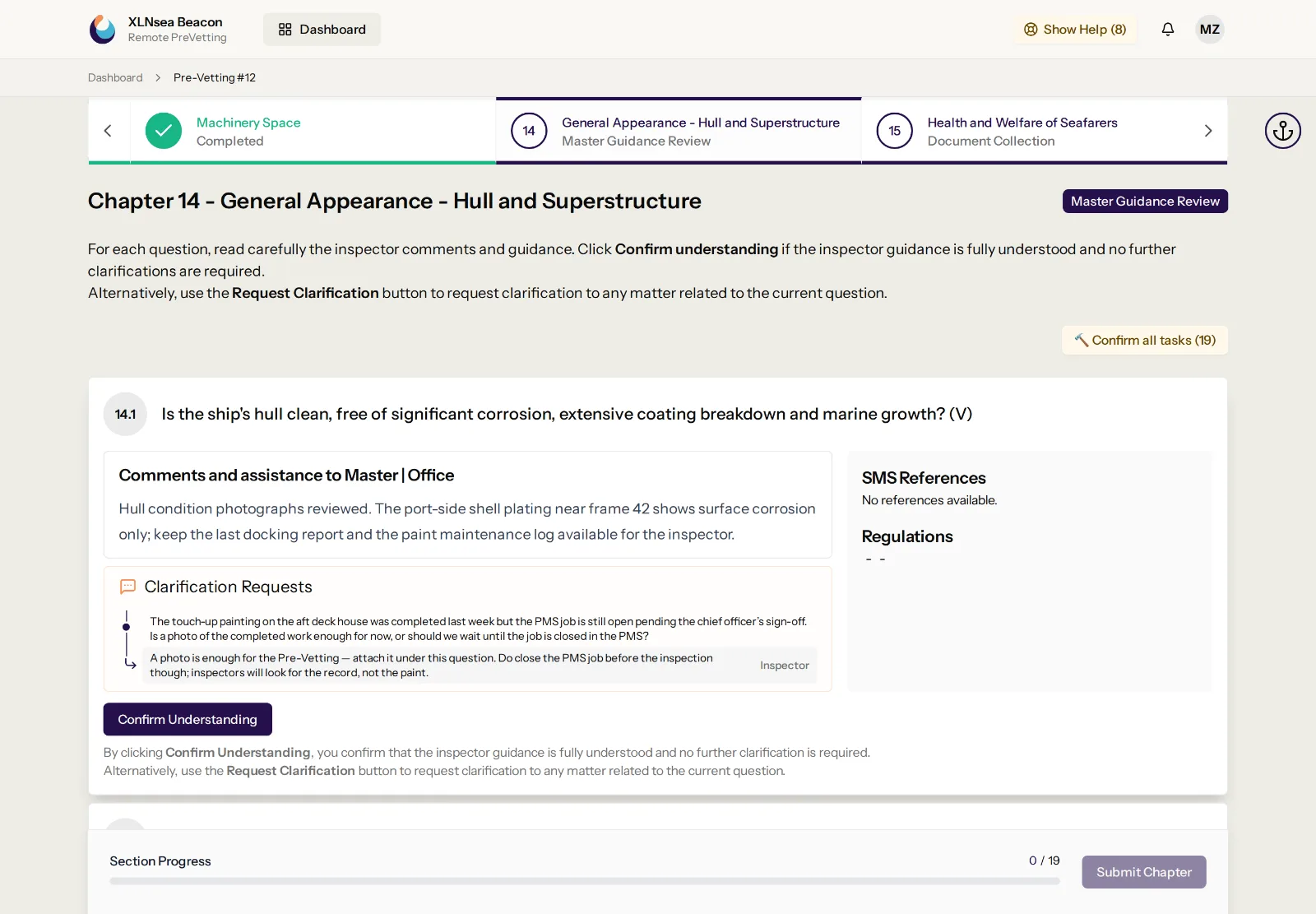 Question card with inspector guidance and a clarification thread answered by the inspector