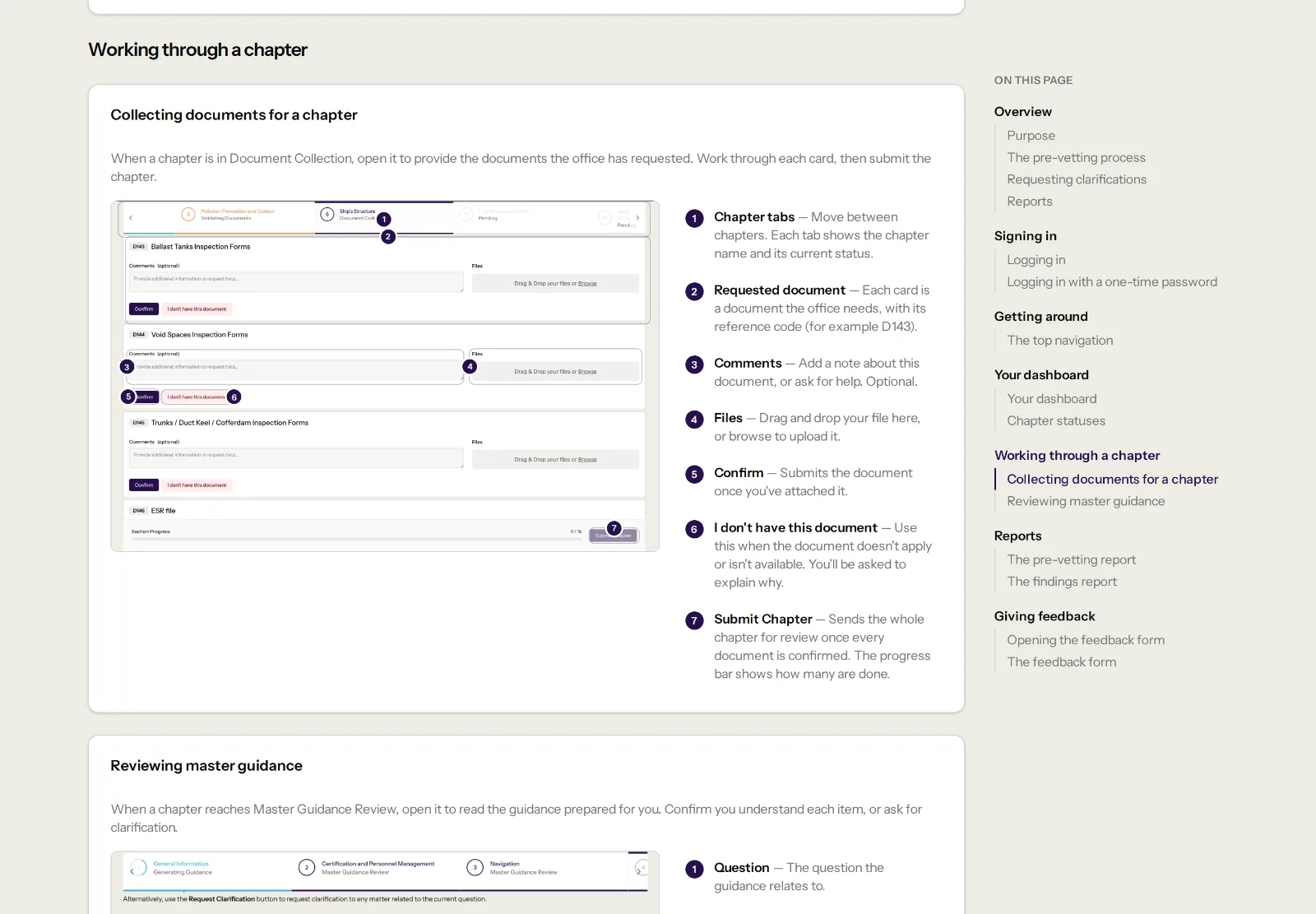 Ship master guide page with an annotated screenshot and numbered explanations