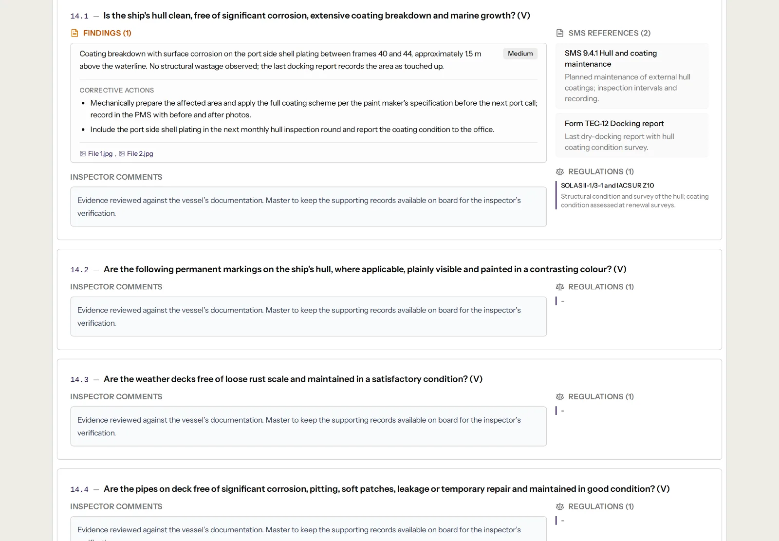 Pre-Vetting report showing a question with its references, regulations, a finding, corrective actions and evidence photos